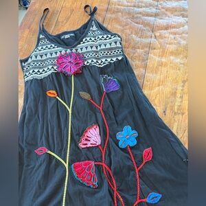 Boho Floral Embroidered‎ Black Dress